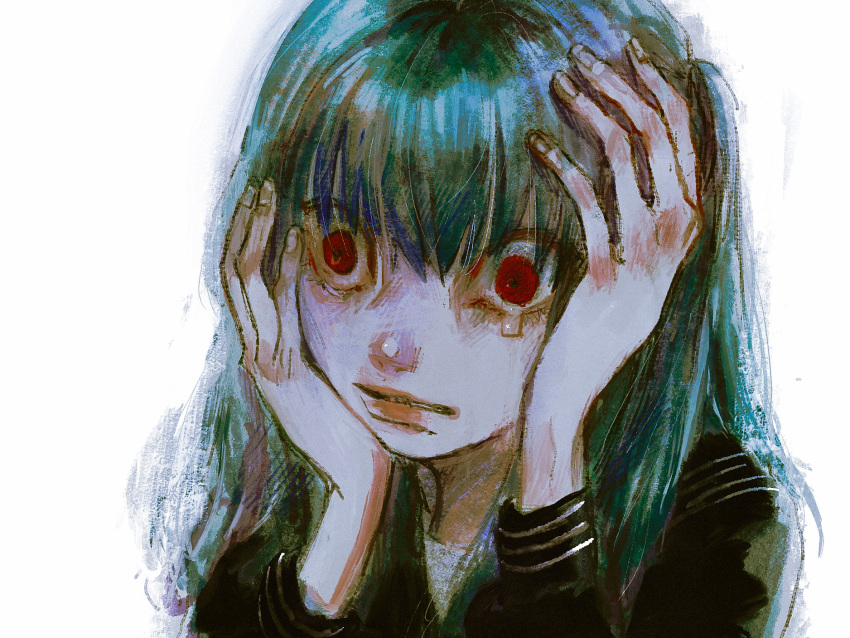 1girl, black_shirt, blunt_bangs, byakugun, commentary, crying, crying_with_eyes_open, green_hair