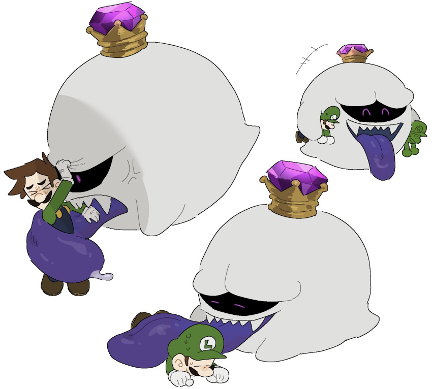 2boys, blue_eyes, blue_tongue, brown_hair, colored_tongue, crown, evil_smile, facial_hair