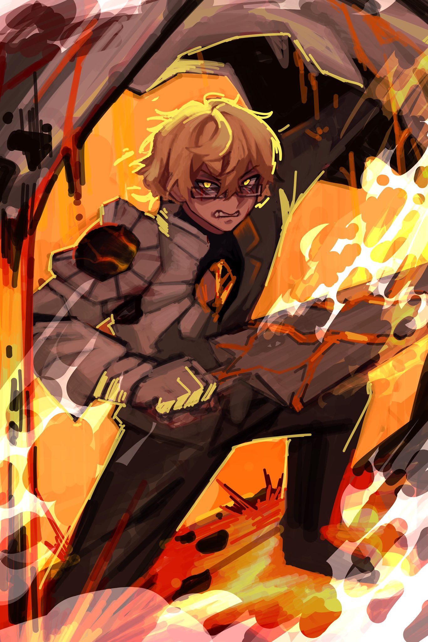 1boy, arm_up, armor, beanni, black_jacket, black_pants, black_sweater, blonde_hair