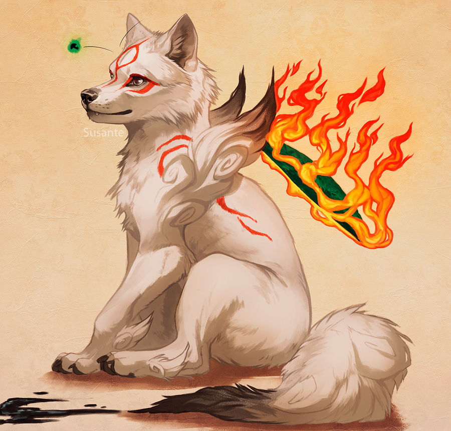 amaterasu_(ookami), animal, animal_focus, artist_name, closed_mouth, commentary, english_commentary, fire, full_body, ink, ink_trail, motion_lines, no_humans, ookami_(game), orange_background, reflector_(ookami), simple_background, sitting, solo, susante, white_wolf, wolf