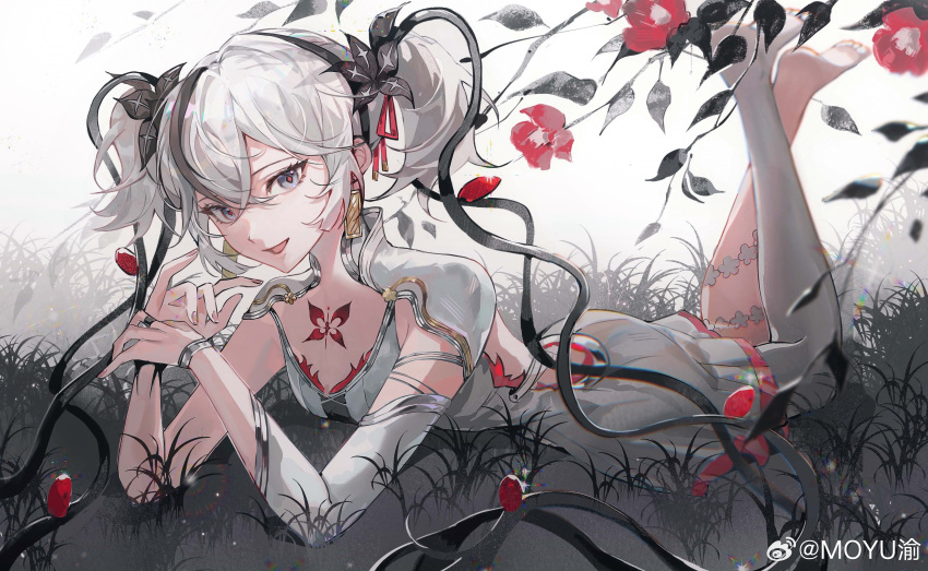 1girl, absurdres, asymmetrical_clothes, barefoot, black_eyes, breasts, camellya_(wuthering_waves), collar