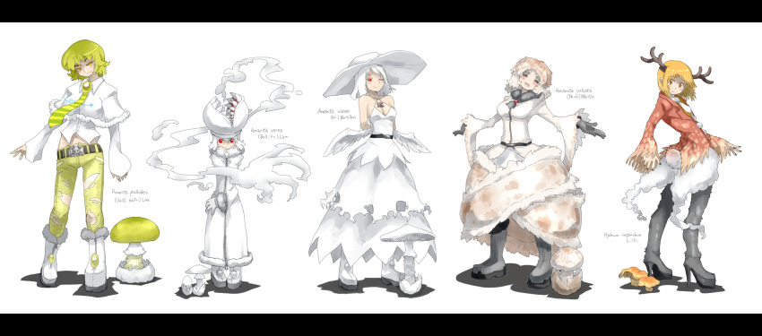 amanita_phalloides, amanita_verna, amanita_virosa, amanita_volvata, antlers, arms_behind_back, bare_shoulders, belt, blonde_hair, blush, boots, breasts, brown_eyes, cleavage, closed_eyes, coat, dress, dress_shirt, eyebrows, eyes_closed, gloves, halterneck, hat, high_heels, highres, hydnum_repandum, jewelry, letterboxed, lineup, long_image, mound_of_venus, multicolored_hair, multiple_girls, mushroom, nail_polish, navel, necklace, necktie, orange_hair, original, oso, oso_(toolate), pants, personification, poncho, red_eyes, shirt, shoes, short_hair, teeth, torn_clothes, torn_pants, white_hair, wide_image