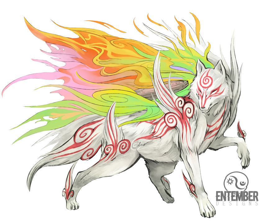 animal, animal_focus, artist_name, closed_mouth, commentary, english_commentary, entemberdesigns, from_side, full_body, highres, making-of_available, multicolored_fire, no_humans, ookami_(game), reflector_(ookami), shiranui_(ookami), smoke, solo, speedpaint, third-party_edit, transparent_background, turning_head, white_wolf, wolf