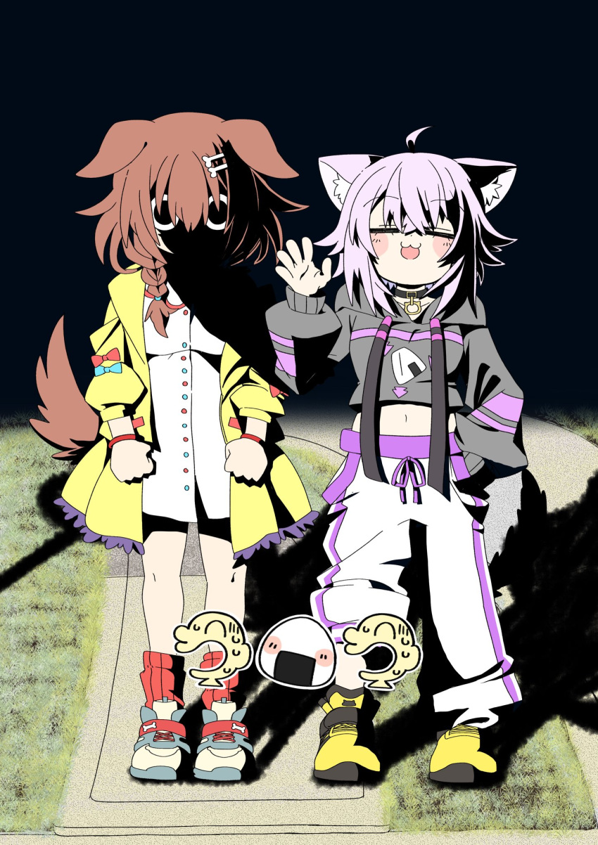 2girls, ahoge, animal_ears, black_hoodie, braid, brown_eyes, brown_hair, cat_ears, clenched_hands, dog_ears, dog_tail, dress, hand_in_pocket, highres, hololive, hood, hoodie, inugami_korone, inugami_korone_(1st_costume), jacket, listener_(inugami_korone), meme, midriff, multiple_girls, navel, nekomata_okayu, nekomata_okayu_(1st_costume), onigirya_(nekomata_okayu), pants, purple_hair, tada_no_shika, tail, violet_eyes, virtual_youtuber, waving, white_dress, white_pants, why_dis_ninja_look_so_mad_(meme), yellow_jacket