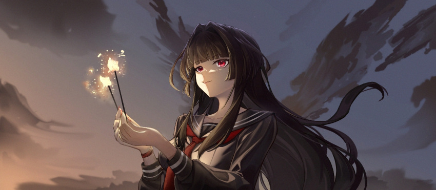 1girl, black_hair, black_sailor_collar, black_serafuku, bob_cut, hair_intakes, long_hair, long_sidelocks, long_sleeves, neckerchief, panluo, punishing:_gray_raven, red_eyes, red_neckerchief, sailor_collar, saotome_yuuka_(pgr), school_uniform, serafuku, solo, tagme