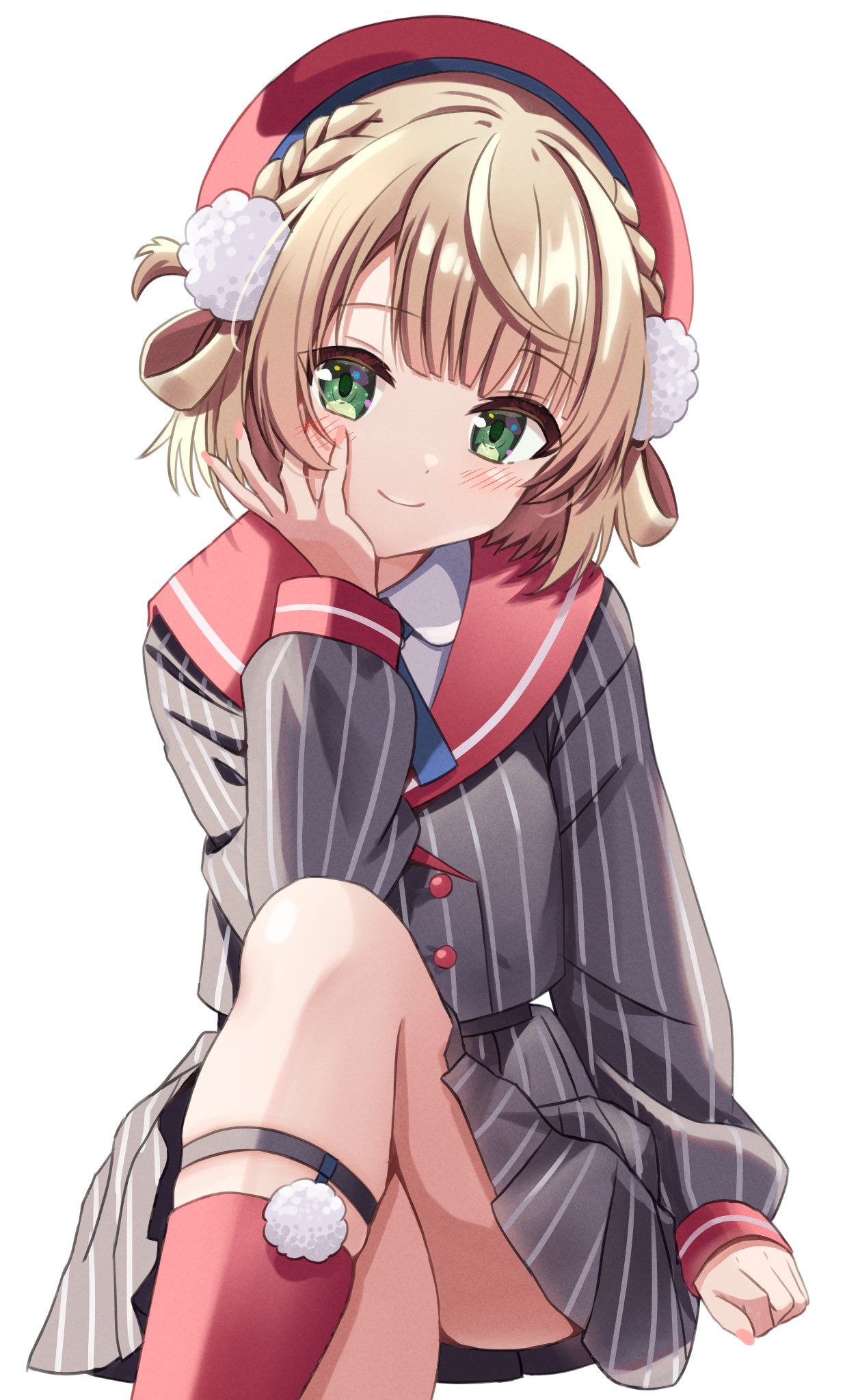1girl, ahoge, beret, blonde_hair, blue_ribbon, blunt_bangs, braid, buttons