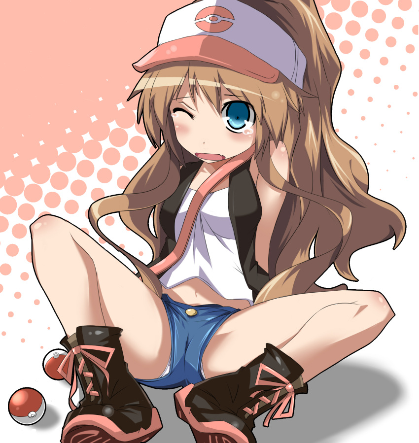 aisaka_taiga, bad_id, baseball_cap, blue_eyes, cosplay, hat, highres, naotaka, panties, poke_ball, pokemon, pokemon_(game), pokemon_black_and_white, pokemon_bw, solo, tears, toradora!, touko_(pokemon), touko_(pokemon)_(cosplay), underwear