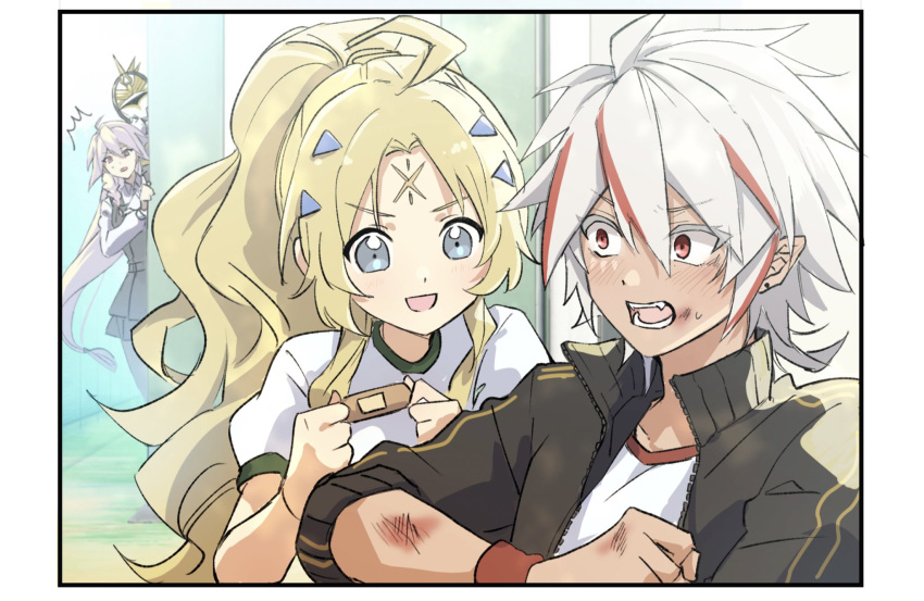 2boys, 2girls, albaz_(yu-gi-oh!), bandai, black_jacket, blonde_hair, border, dark-skinned_male, dark_skin, duel_monster, ecclesia_(yu-gi-oh!), facial_mark, fangs, forehead_mark, grey_eyes, hiding, high_ponytail, highres, jacket, long_hair, medium_hair, multicolored_hair, multiple_boys, multiple_girls, red_eyes, redhead, shikiruru, shirt, sportswear, streaked_hair, surprised, upper_body, white_border, white_hair, white_shirt, yu-gi-oh!