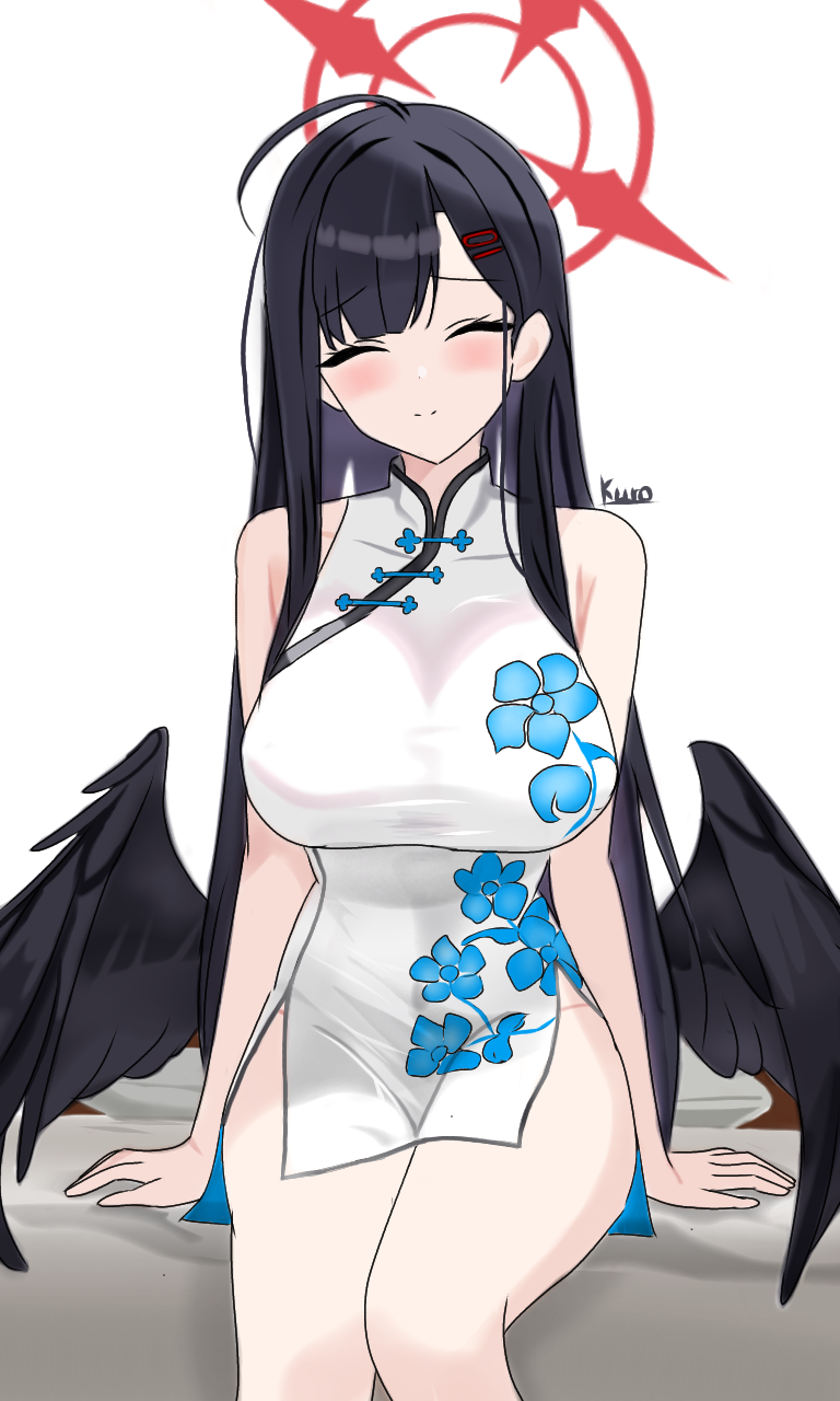 black_wings, blue_archive, blush, china_dress, chinese_clothes, closed_eyes, closed_mouth, dress
