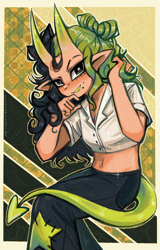1girl, black_eyes, black_hair, green_hair, green_tail, green_teeth, hair_bun, horns, linterteatime, oni, original, pants, pointy_ears, shirt, skin-covered_horns, smile, solo, tail