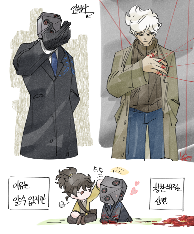 1boy, 1girl, arm_up, black_coat, black_gloves, blood, brown_coat, brown_sweater