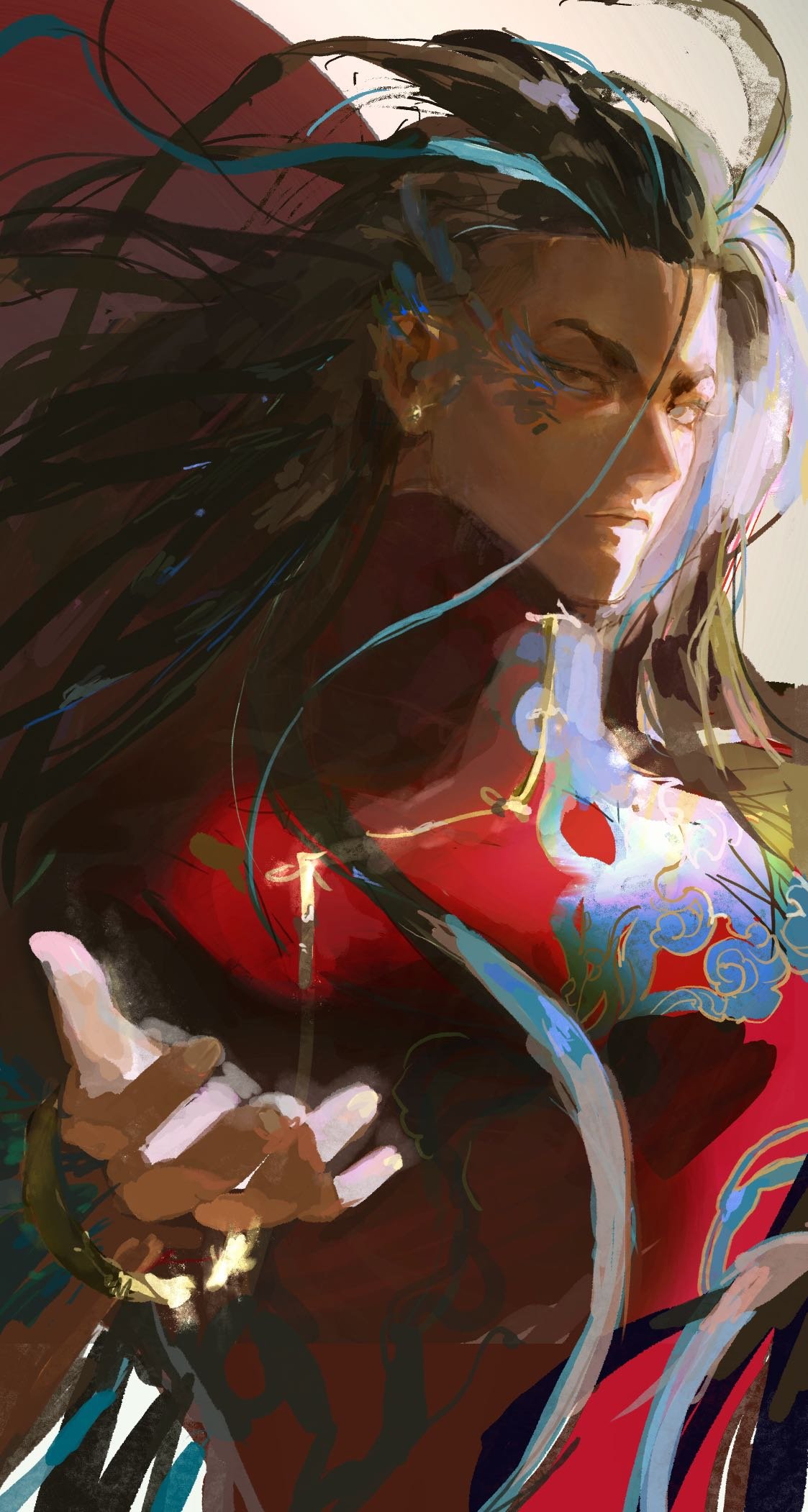 1boy, absurdly_long_hair, alsonotdon, alternate_color, alternate_costume, arm_up, black_hair, brown_eyes