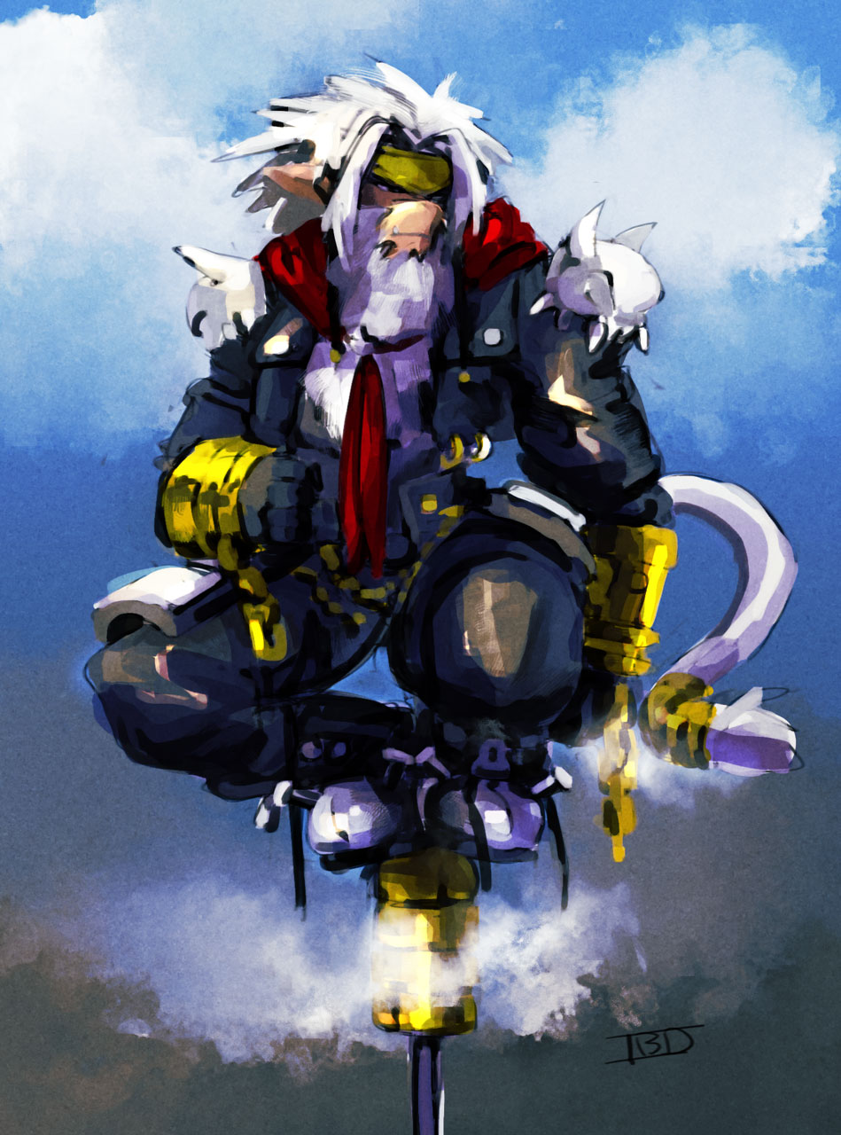 1boy, black_jacket, black_pants, body_fur, cropped_jacket, digimon, digimon_(creature), full_body, gokuwmon, highres, ibdinosaur, jacket, male_focus, pants, ruyi_jingu_bang, shoulder_pads, solo, white_fur, white_hair
