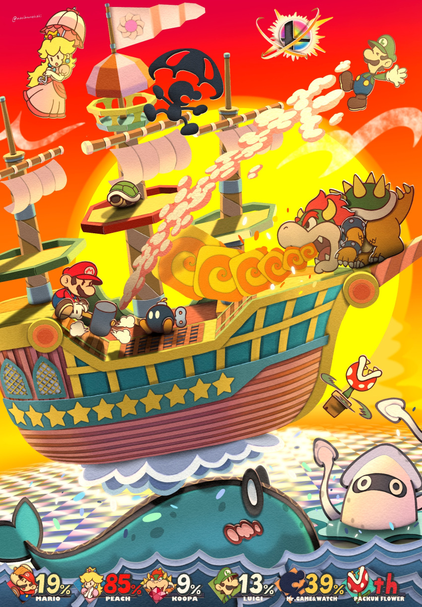 bowser, crown, facial_hair, highres, luigi, maribou_(supermaribou), mr._game_&amp;_watch, mustache