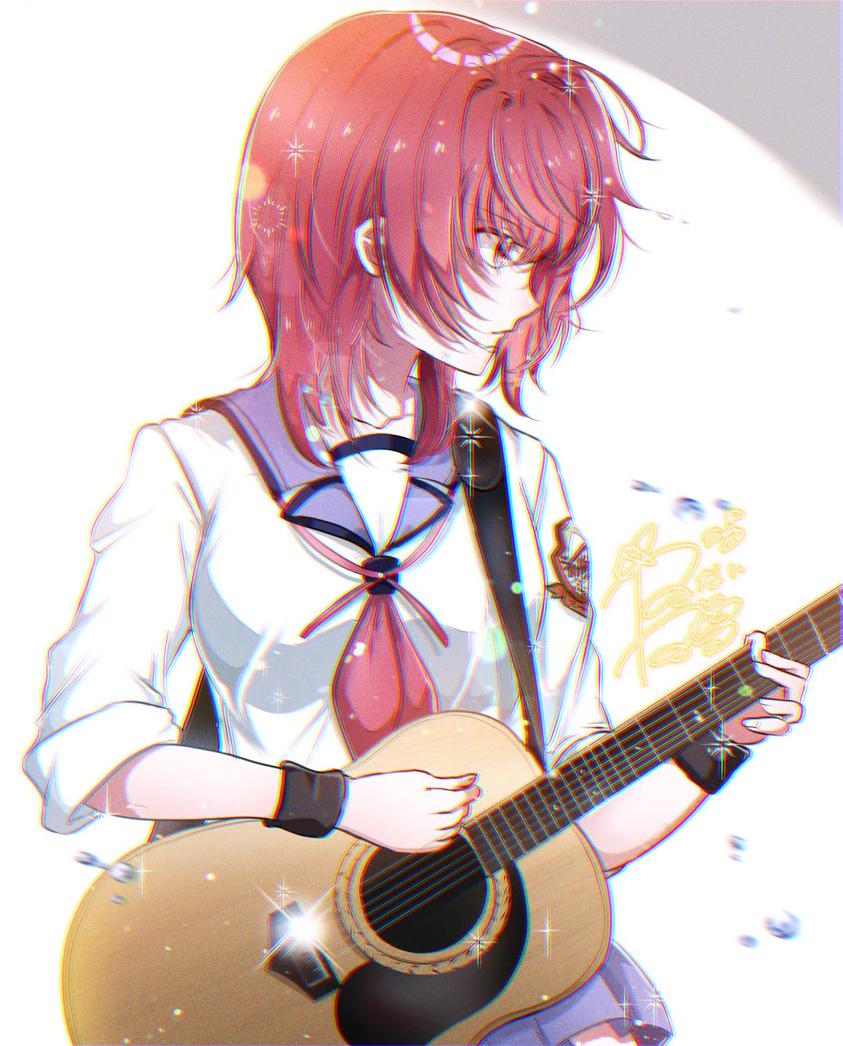 1girl, angel_beats!, blue_sailor_collar, commentary_request, goslingwallows, guitar, hands_up, highres