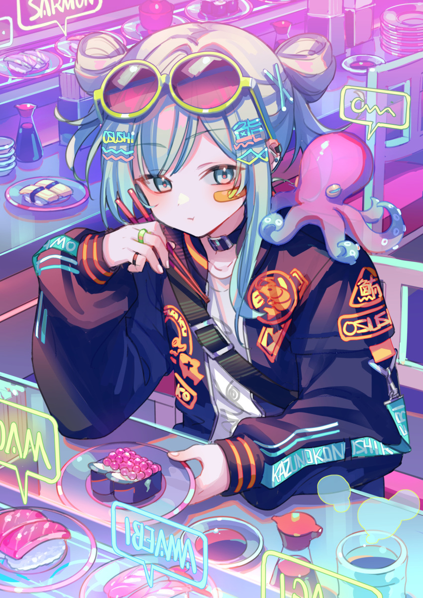 1girl, absurdres, animal, animal_on_shoulder, chopsticks, commentary_request, cyber_fashion, double_bun