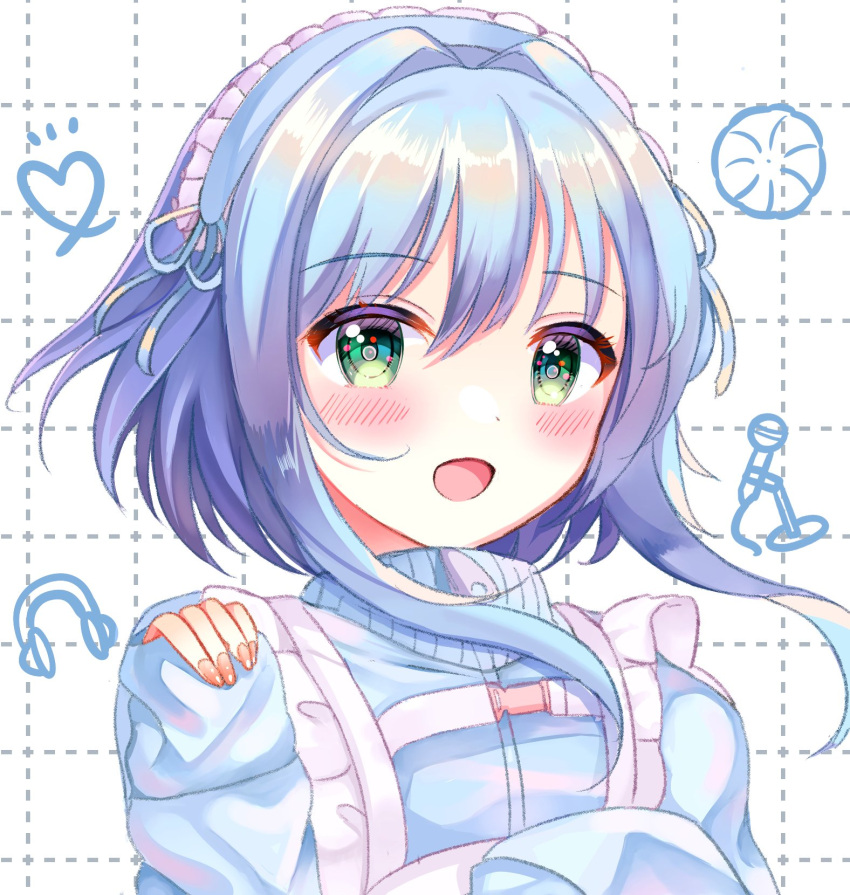 1girl, :d, apron, blue_hair, blue_jacket, blue_ribbon, blush, close-up