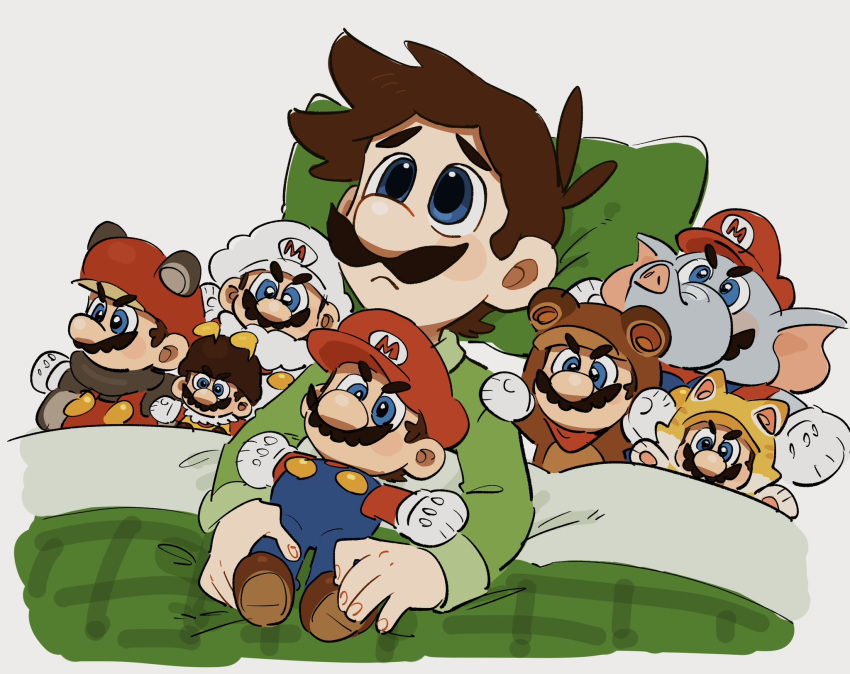 1boy, bed, bee_mario, blue_eyes, brown_hair, cat_mario, character_doll, closed_mouth