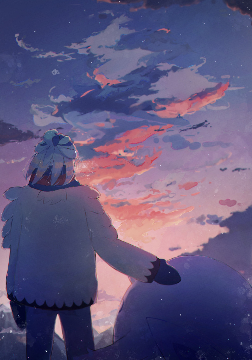 1boy, absurdres, anzu_(v0_0v_o0), blue_scarf, cetoddle, clouds, commentary_request, from_behind, grusha_(pokemon), highres, jacket, long_sleeves, male_focus, medium_hair, mittens, night, outdoors, pants, pokemon, pokemon_(creature), pokemon_sv, scarf, sky, striped_clothes, striped_scarf, yellow_jacket