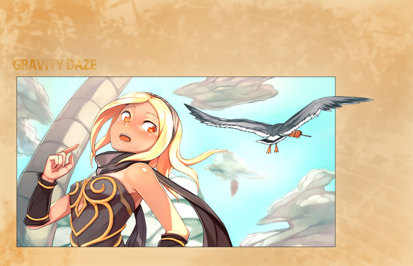 1girl, bird, blonde_hair, clouds, dark-skinned_female, dark_skin, gravity_daze, highres, itoeit, kitten_(gravity_daze), leotard, long_hair, open_mouth, pillar, red_eyes, scarf, seagull, skewer, sky, solo, vambraces