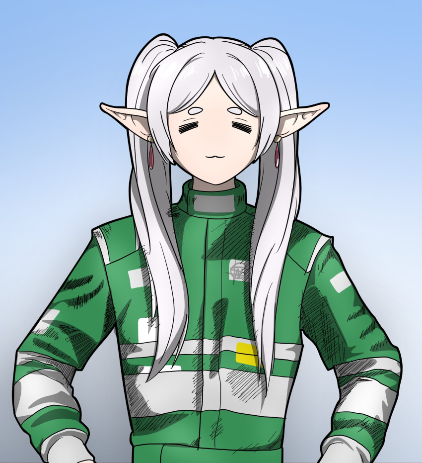 1girl, =_=, commentary, cosplay, costumwhitestudio, earrings, frieren, green_jumpsuit