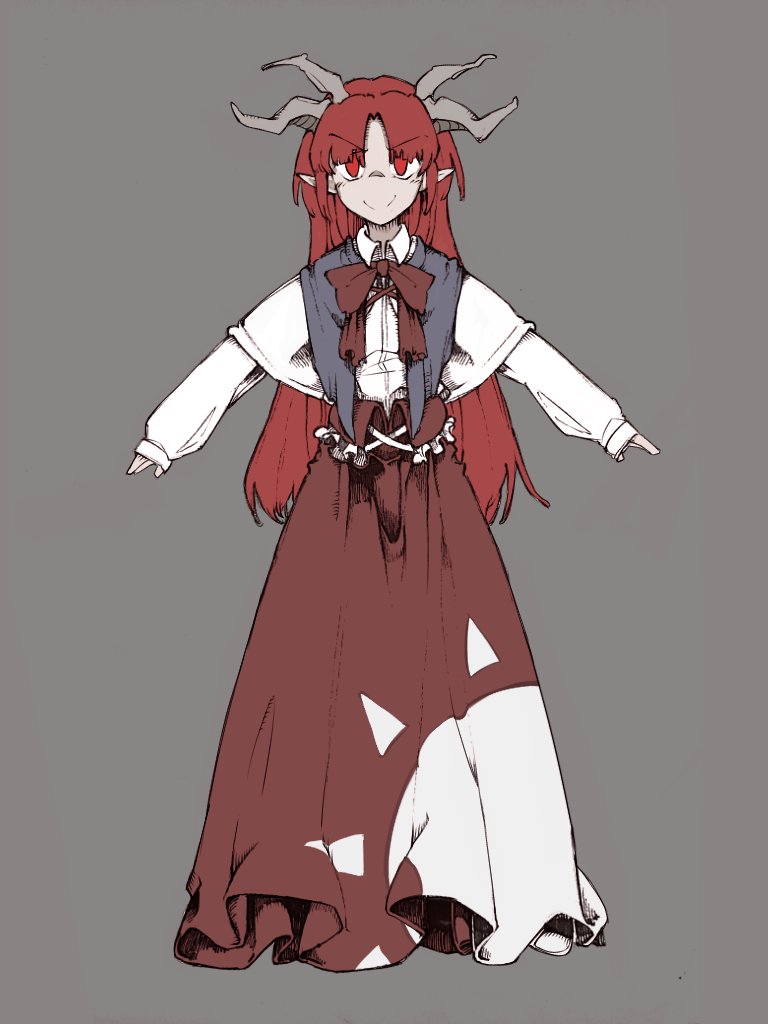 1girl, bolos, bow, bowtie, brown_horns, closed_mouth, collar, collared_shirt, commentary, demon_horns, detached_collar, frilled_skirt, frills, full_body, grey_background, horns, long_hair, long_skirt, long_sleeves, multiple_horns, parted_bangs, pleated_skirt, pointy_ears, puffy_long_sleeves, puffy_sleeves, purple_collar, red_bow, red_bowtie, red_eyes, red_skirt, redhead, shingyoku_(female), shingyoku_(touhou), shirt, simple_background, skirt, sleeves_past_wrists, smile, solo, standing, straight-on, straight_hair, sun_print, tachi-e, touhou, touhou_(pc-98), very_long_hair, white_shirt