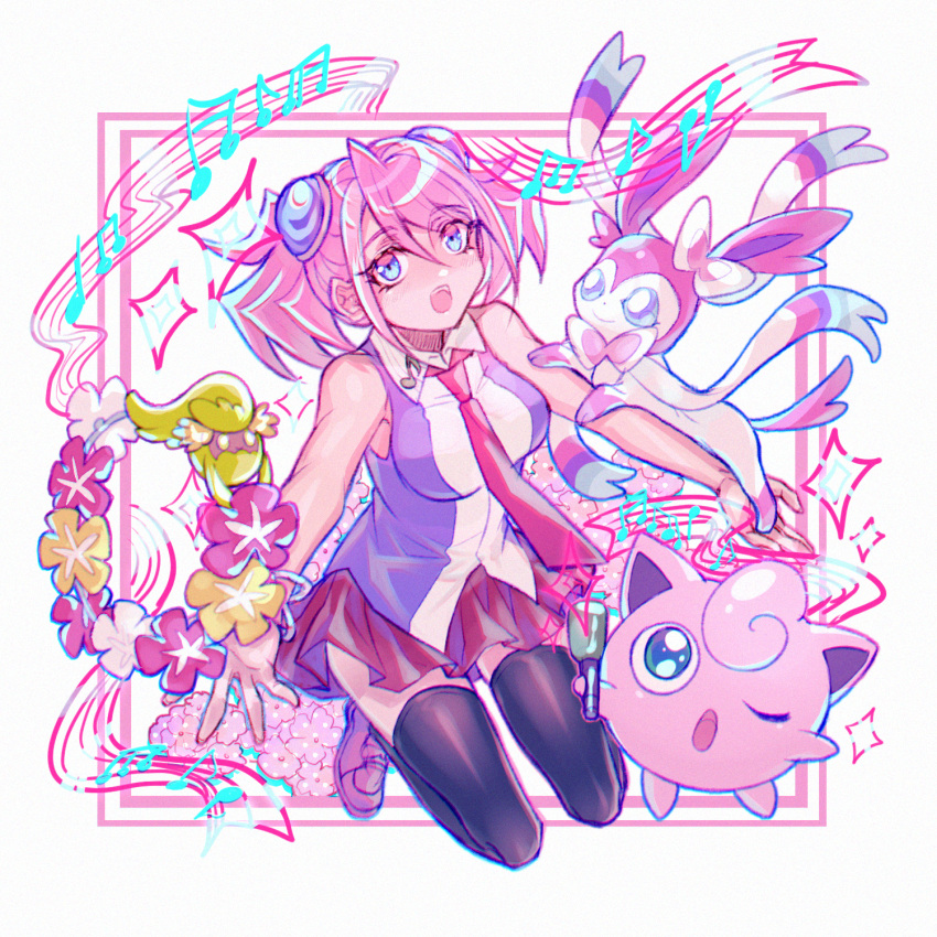 1girl, :d, beamed_sixteenth_notes, black_thighhighs, blue_eyes, blush, bracelet, breasts, comfey, crossover, dyed_bangs, eighth_note, flower, flower_necklace, highres, hiiragi_yuzu, jewelry, jigglypuff, loafers, microphone, miniskirt, multicolored_hair, musical_note, necktie, one_eye_closed, open_mouth, pink_flower, pink_footwear, pink_fur, pink_hair, pleated_skirt, pokemon, pokemon_(creature), pokemon_rgby, pokemon_sm, pokemon_xy, prehensile_ribbon, quarter_note, red_flower, red_necktie, red_skirt, shoes, short_twintails, skirt, sleeveless, smile, sparkle, staff_(music), sylveon, teeth, thigh-highs, twintails, two-tone_hair, udoshiyo, upper_teeth_only, white_flower, yellow_flower, yu-gi-oh!, yu-gi-oh!_arc-v