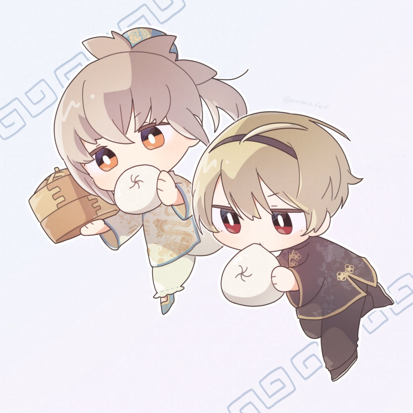 2boys, alternate_costume, blonde_hair, chibi, chinese_clothes, dumpling, fire_emblem, fire_emblem_engage