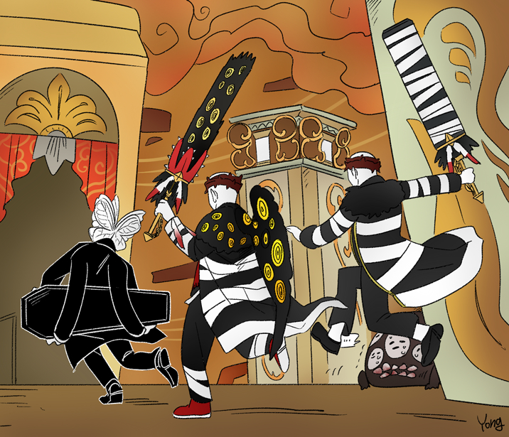 1boy, 2others, animal_head, bandaged_arm, bandages, black_coat, black_footwear, bug