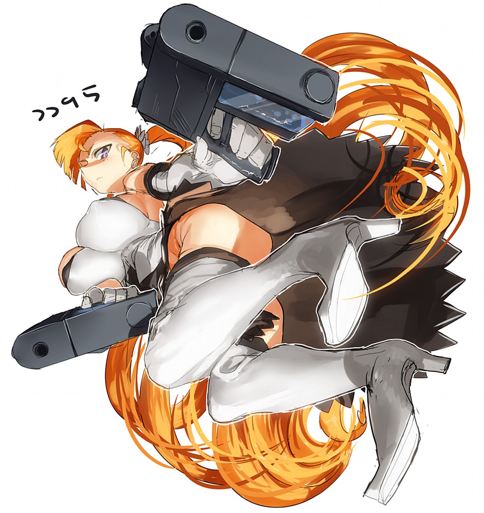 arcana_heart_2, bad_id, boots, breasts, dual_wielding, foreshortening, gun, handgun, high_heels, kichigai, large_breasts, long_hair, orange_hair, petra_johanna_lagerkvist, pistol, purple_eyes, shoes, skirt, solo, thigh-highs, thigh_boots, thighhighs, upskirt, very_long_hair, violet_eyes, weapon, white_legwear, white_thighhighs