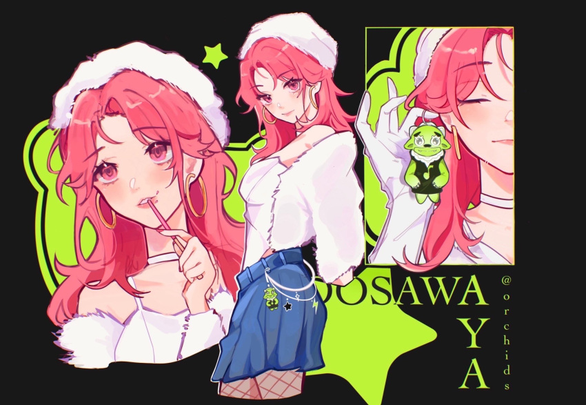 1girl, arms_behind_back, black_background, blue_skirt, character_name, closed_eyes, commentary, earrings