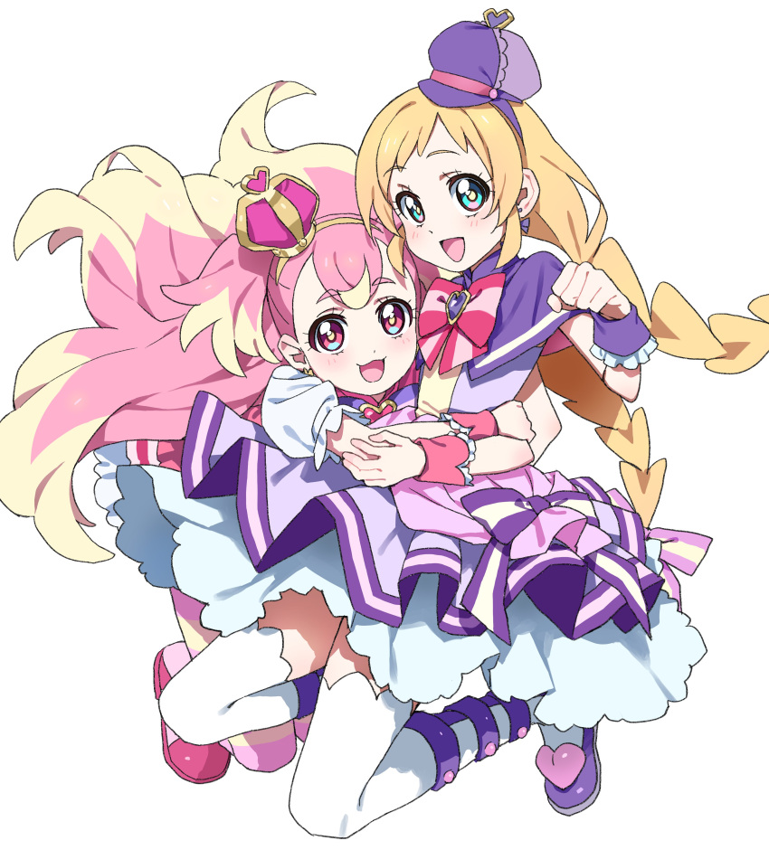 2girls, :d, absurdres, arched_crown, blonde_hair, blue_eyes, bow, bowtie, braid, cabbie_hat, cure_friendy, cure_wonderful, double-parted_bangs, dress, frilled_wrist_cuffs, frills, full_body, hat, heart, highres, hiji_rida, hug, layered_dress, light_blush, long_hair, looking_at_viewer, multiple_girls, open_mouth, pink_bow, pink_eyes, pink_footwear, pink_hair, precure, purple_bow, purple_dress, purple_footwear, purple_hat, short_bangs, short_dress, short_sleeves, simple_background, smile, squatting, striped_bow, thigh-highs, twin_braids, white_background, white_thighhighs, wonderful_precure!, wrist_cuffs, zettai_ryouiki
