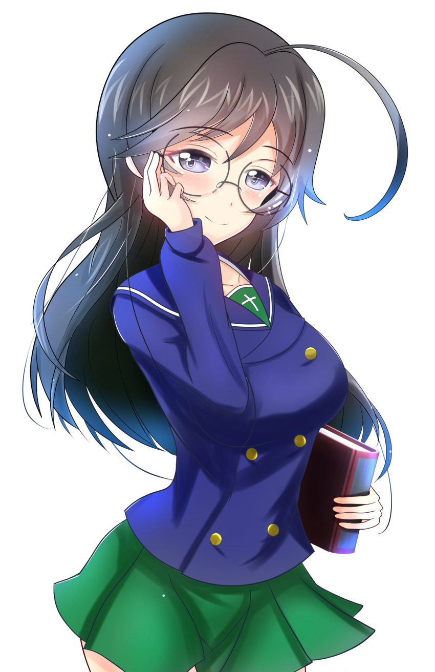 1girl, ahoge, black_hair, blue_eyes, blue_jacket, book, buttons, cross, double-breasted, girls_und_panzer, glasses, green_skirt, hair_between_eyes, head_tilt, highres, holding, holding_book, isuzu_hana, jacket, kumaisao, latin_cross, light_smile, looking_at_viewer, ooarai_military_uniform, school_uniform, serafuku, skirt, split_bangs
