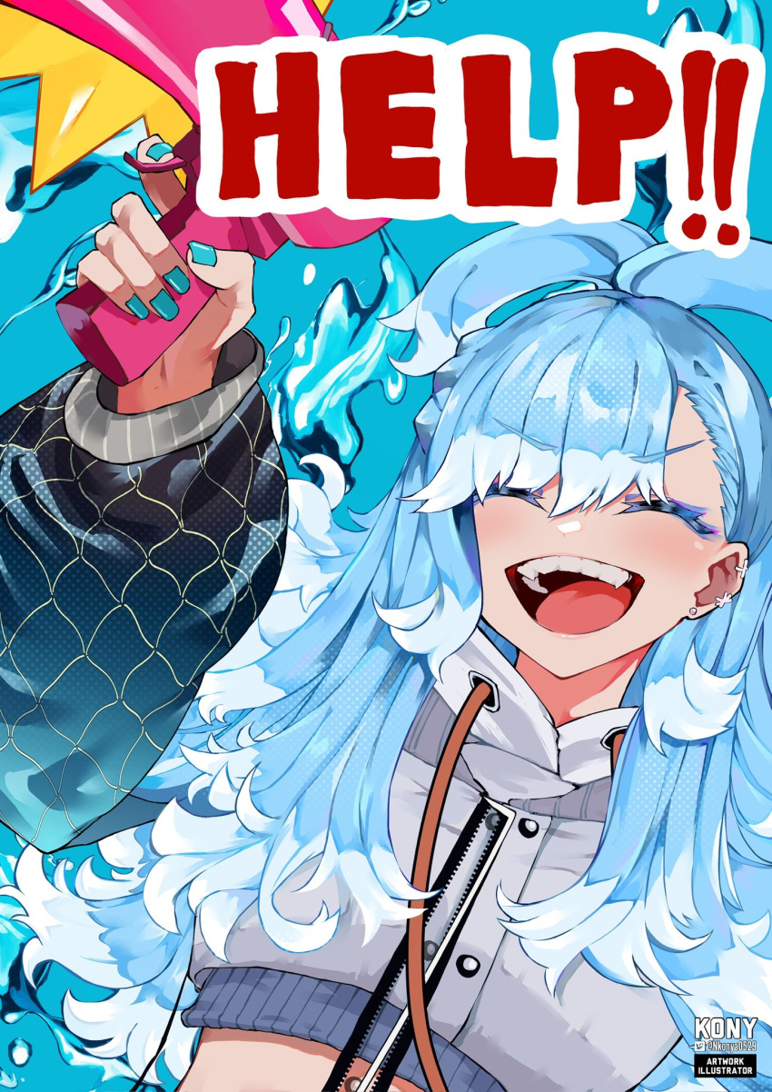 1girl, artist_name, blue_hair, blue_nails, closed_eyes, crop_top, cropped_jacket, drawstring