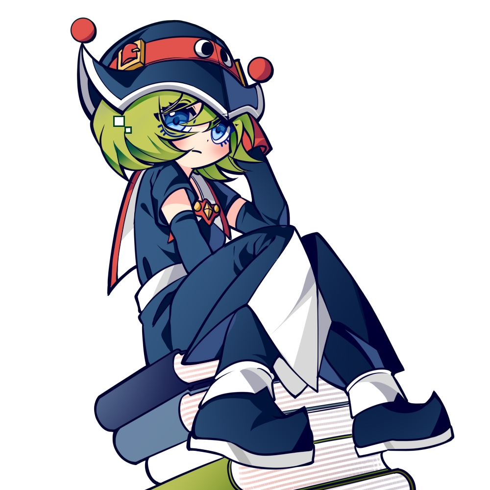 1girl, blue_eyes, blush, book, ebm7-5, green_hair, hat, kartrider