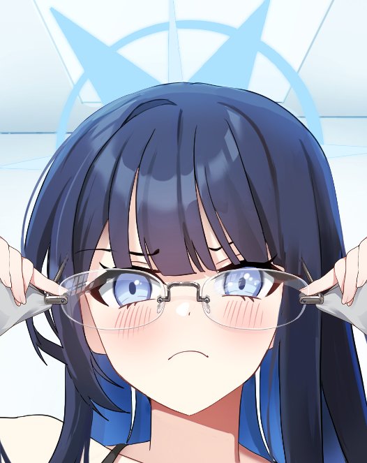 1girl, blue_archive, blue_eyes, blue_hair, blue_halo, colored_inner_hair, commentary_request, dark_blue_hair, erum_4066, glasses, halo, korean_commentary, multicolored_hair, round_eyewear, saori_(blue_archive), semi-rimless_eyewear, solo, upper_body