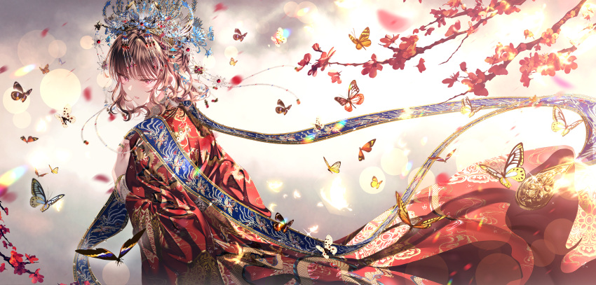 1girl, absurdres, blurry, bokeh, branch, brown_hair, bug, butterfly