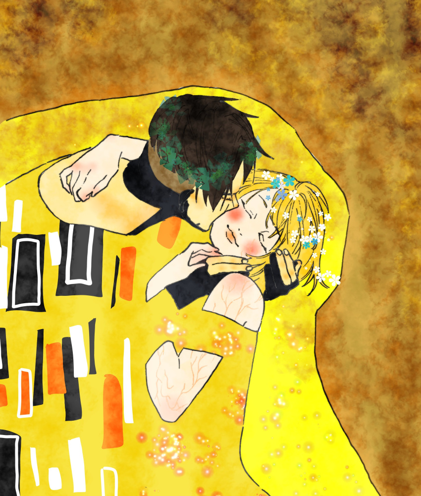 1boy, 1girl, absurdres, apex_legends, black_gloves, blonde_hair, blue_flower, blush
