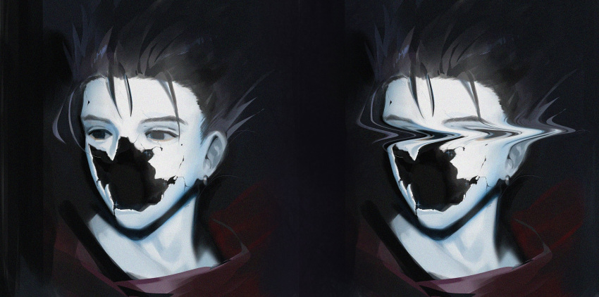 1boy, album_cover_redraw, black_background, coat, collared_coat, commentary, cracked_skin, derivative_work