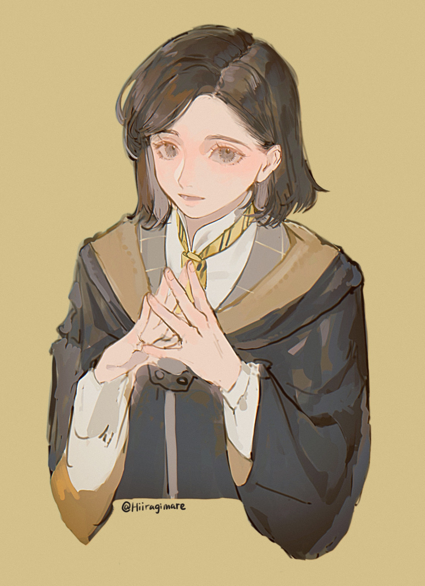 1girl, absurdres, black_hair, black_robe, brown_eyes, commentary, english_commentary, highres