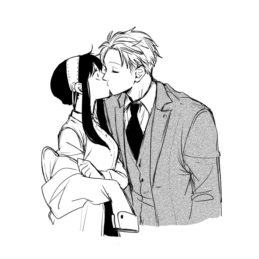 1boy, 1girl, blazer, closed_eyes, coat, collared_shirt, commentary_request, cropped_torso