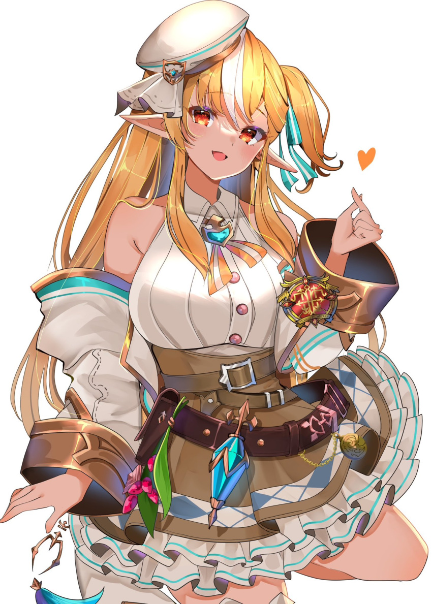 1girl, bare_shoulders, belt, blonde_hair, dark-skinned_female, dark_skin, detached_sleeves, elf, finger_heart, hair_between_eyes, hand_up, highres, hololive, long_hair, long_sleeves, looking_at_viewer, multicolored_hair, one_side_up, open_mouth, pointy_ears, red_eyes, shiranui_flare, shiranui_flare_(reality_fantasy), shirt, simple_background, skirt, smile, solo, streaked_hair, virtual_youtuber, white_background, white_shirt, yuanagae