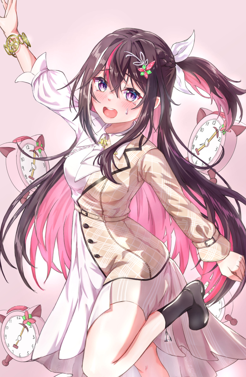 1girl, alarm_clock, arm_at_side, arm_up, ascot, azki_(4th_costume)_(hololive), azki_(hololive), black_footwear