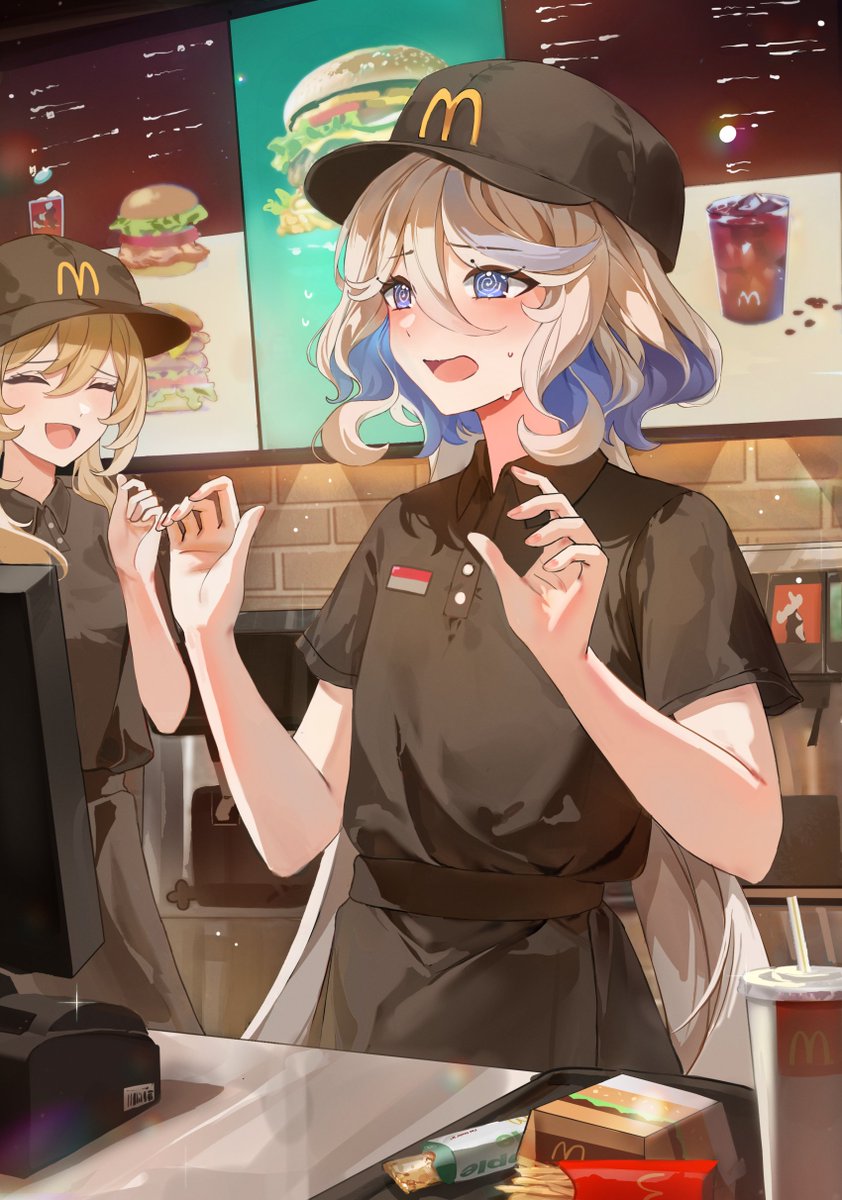 2girls, @_@, alternate_costume, apple_pie, black_hat, black_shirt, blonde_hair, blue_eyes
