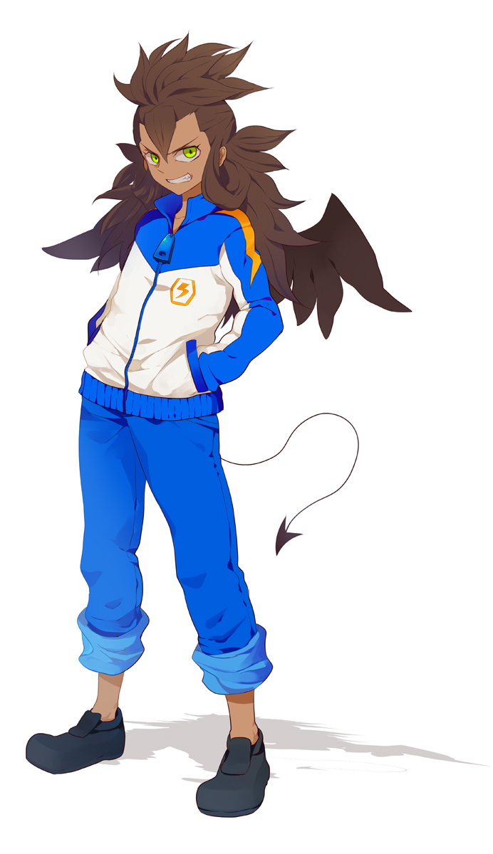 brown_hair, dark_skin, demon, demon_tail, desuta, green_eyes, grin, hands_in_pocket