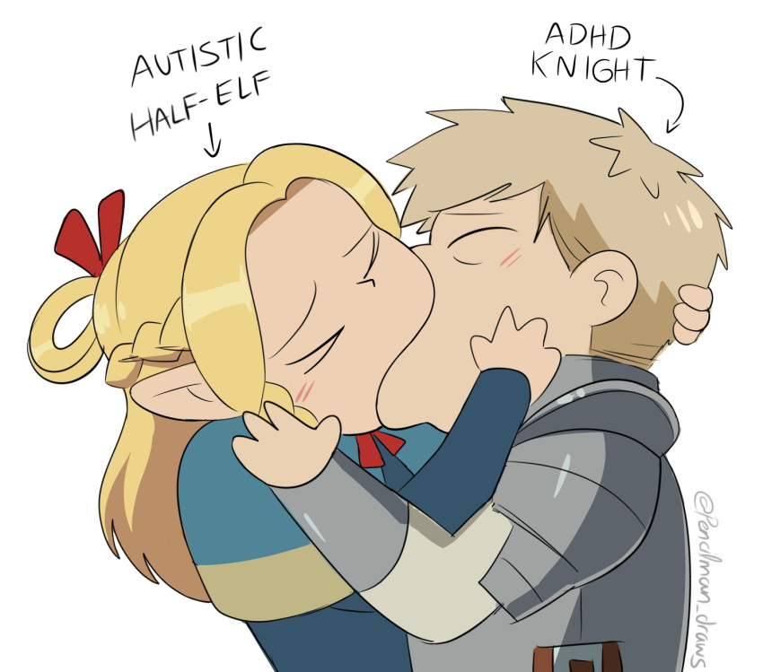 1boy, 1girl, armor, blonde_hair, blue_capelet, braid, brown_hair, capelet
