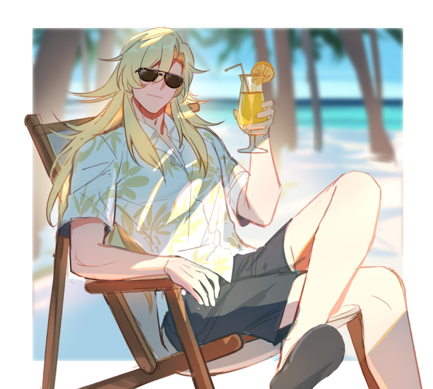 1boy, beach, beach_chair, black_shorts, blonde_hair, blue_sky, closed_mouth, crossed_legs