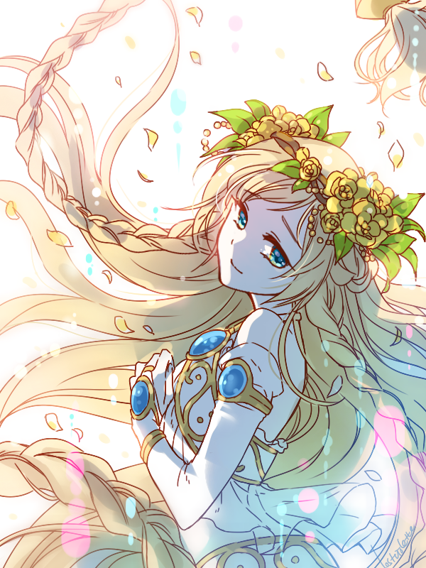1girl, blonde_hair, braid, bridal_gauntlets, detached_sleeves, head_wreath, long_hair, looking_at_viewer