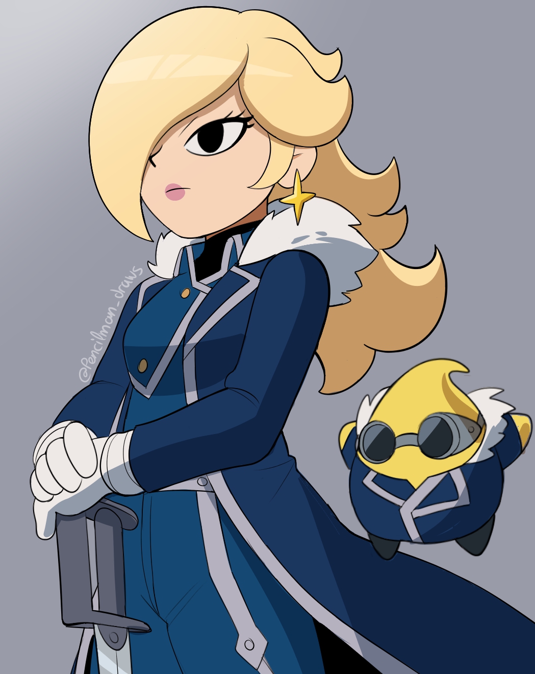 1girl, alternate_eye_color, black_eyes, blonde_hair, blue_coat, blue_pants, breasts, coat
