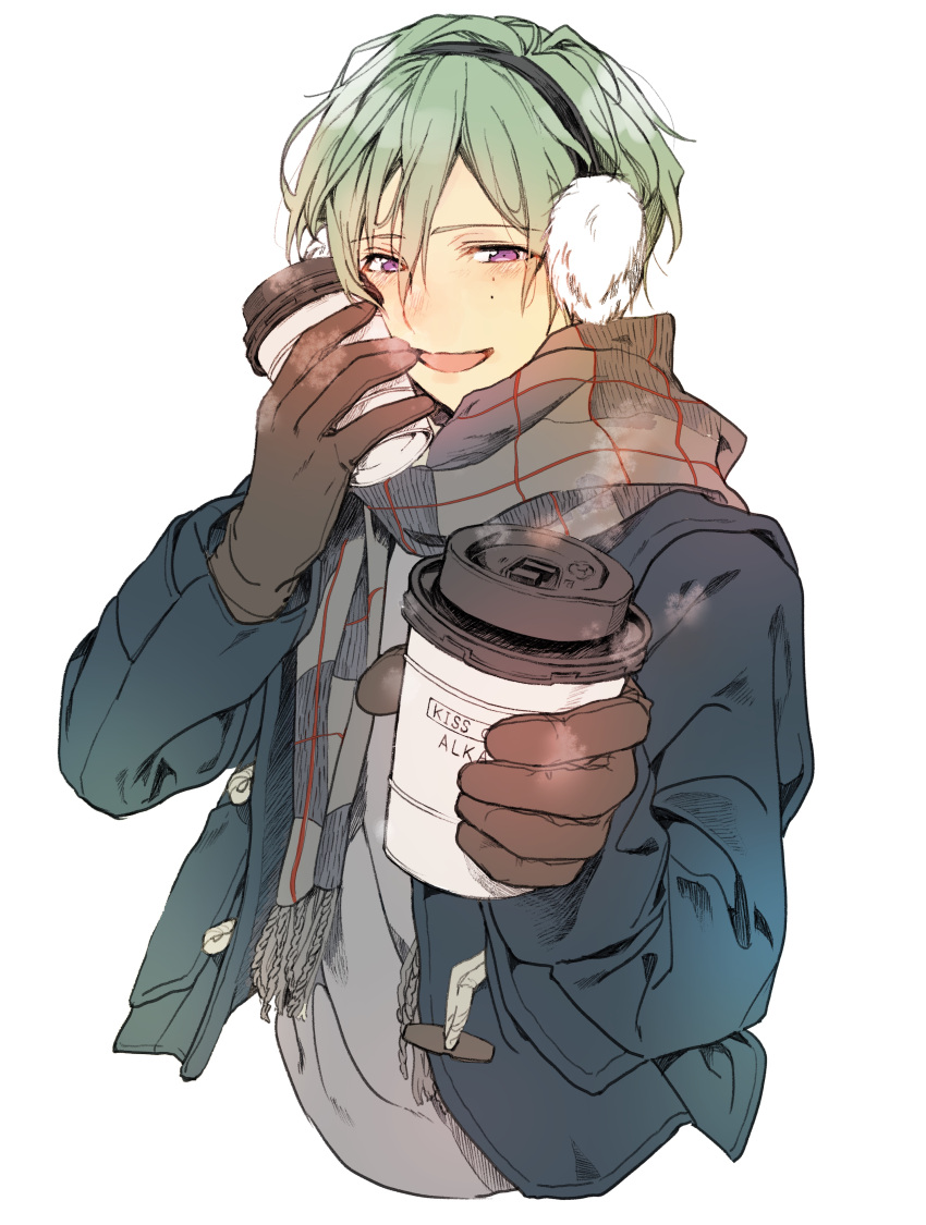 1boy, absurdres, black_gloves, commentary_request, cup, earmuffs, ensemble_stars!, gloves